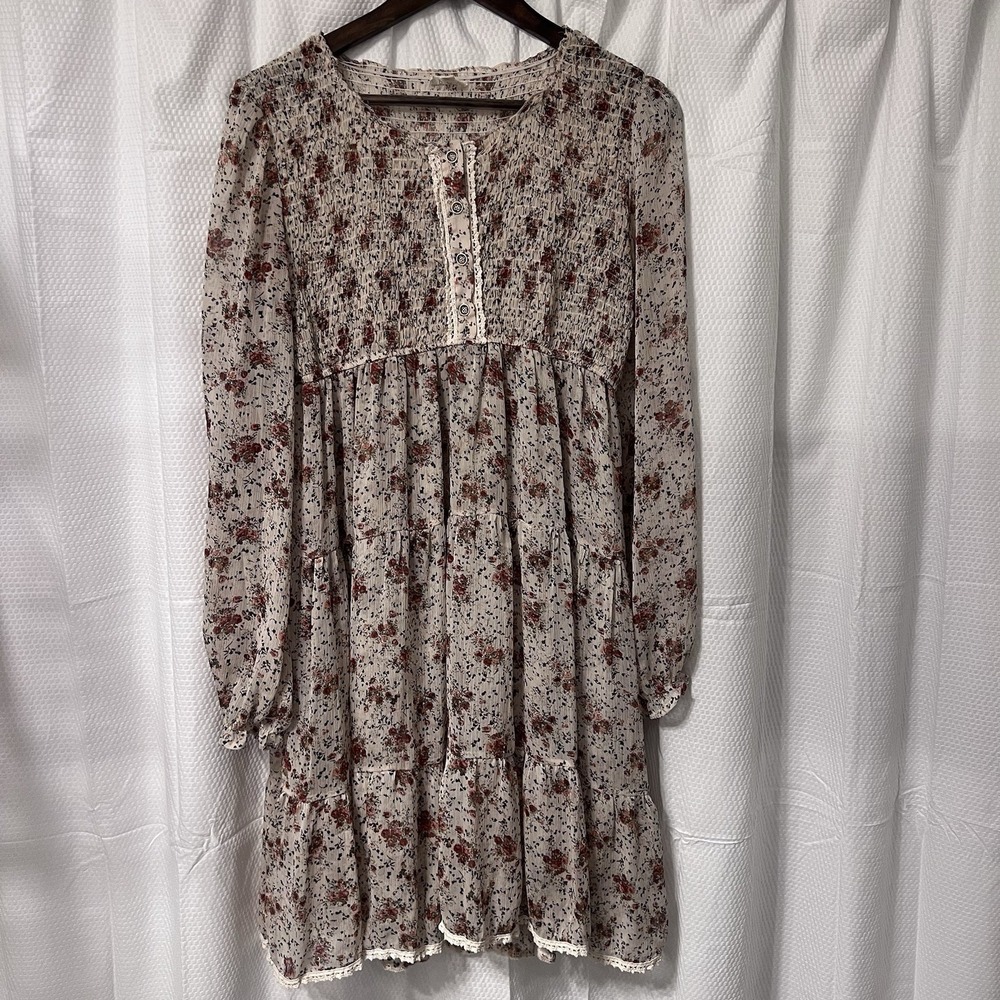 POL Dress Bohemian Smocked Button Ivory Floral Peasant Feminine‎ L Lace Cottage